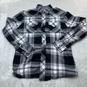 Roebuck and Co Shirt Gray Black Plaid Western Snap Long Sleeve Casual